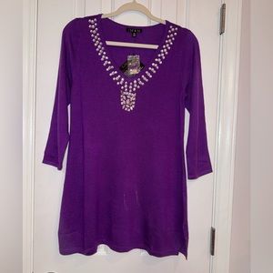 IMAN Purple V-neck with rhinestones Cashmere Blend Tunic Soft Sweater Size XS OS